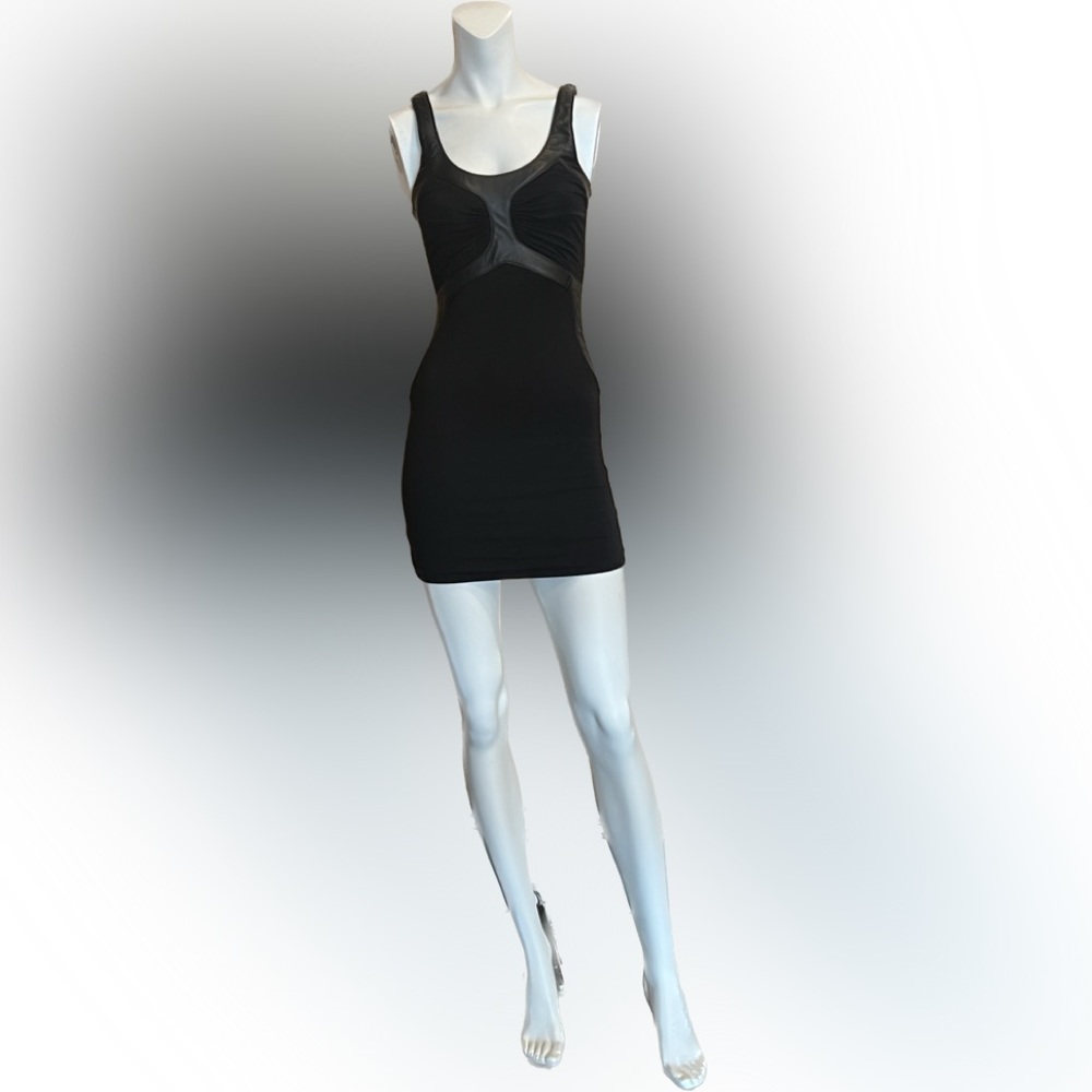 NWT Sky Black Sleeveless Dress + Leather Detail + Ruched Bodice XS LBD